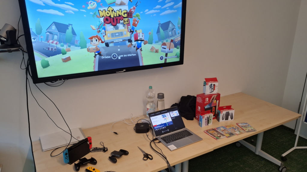 Foto aus dem Aufbau für den Workshop zur Nintendo Switch und dem Spiel Moving Out