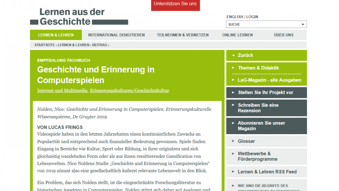 Screenshot der Webseite Lernen aus der Geschichte mit der Rezension des Buches Nolden Geschichte und Erinnerung in Computerspielen
