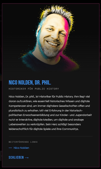 Profilbild von Nico Nolden mit Grafitti-Look. Darunter ein Profiltext zur gesellschaftlichen Relevanz und Spielen.