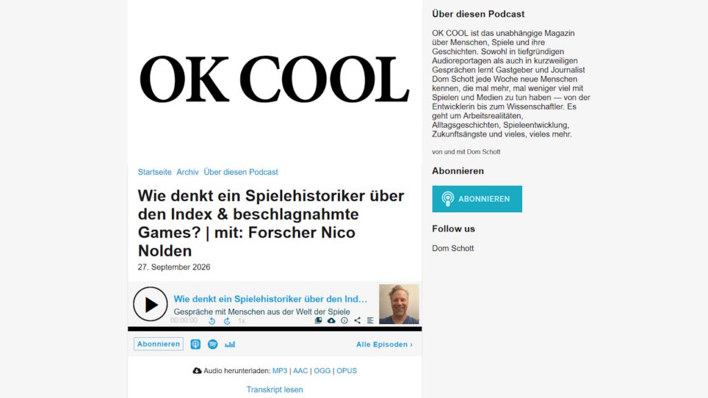 Ansicht der Webseite zum OK Cool Podcast bei podigee mit der Laufleiste zum Navigieren und Download. Rechts ein Button zum Abonnieren.